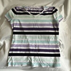 Croft and Barrow Classic Tee Striped Short Sleeve Womens Top Purple Mint Black M